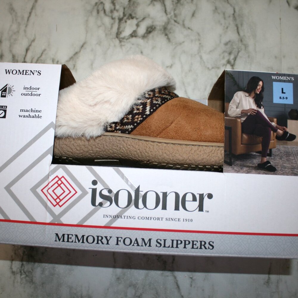 ISOTONER Slippers Suede Faux Fur Trim  Shoes Memory Foam New in Box L